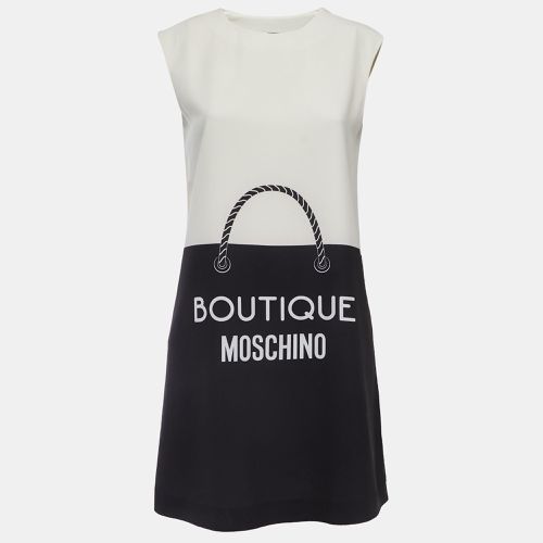 Boutique Moschino Cream/Black Logo Print Crepe Sleeveless Mini Dress S - Boutique Moschino - Modalova