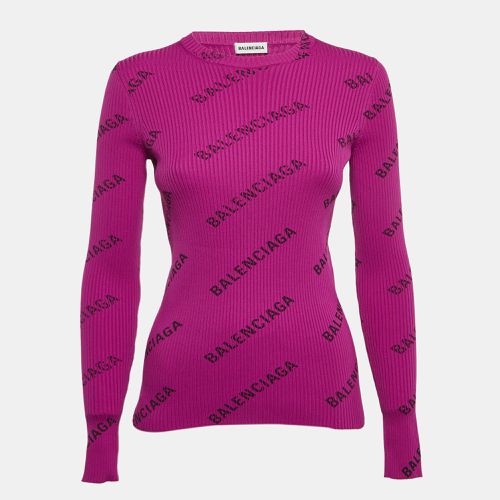 Balenciaga Purple Logo Print Rib Knit Full Sleeve T-Shirt S - Balenciaga - Modalova