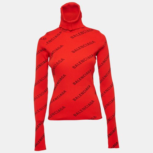 Balenciaga Red Logo Print Rib Knit Turtleneck Sweater M - Balenciaga - Modalova