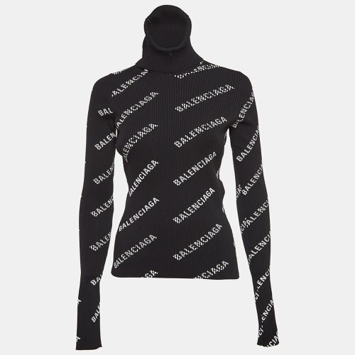 Balenciaga Black Logo Print Rib Knit Turtleneck Sweater M - Balenciaga - Modalova