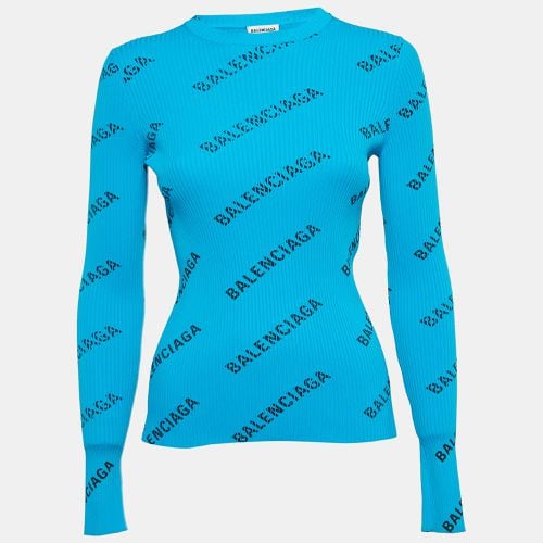 Balenciaga Blue Logo Print Rib Knit Full Sleeve Top S - Balenciaga - Modalova