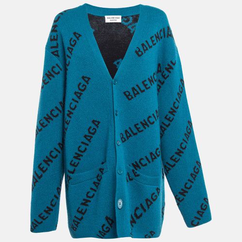 Balenciaga Blue Monogram Jacquard Wool Knit Long Archetype Cardigan L - Balenciaga - Modalova