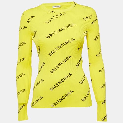 Balenciaga Yellow Logo Print Rib Knit Full Sleeve Top M - Balenciaga - Modalova