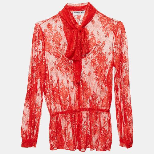 Balenciaga Red Sheer Lace Neck Tie-Up Top M - Balenciaga - Modalova