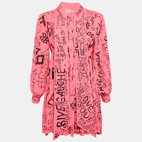 Balenciaga Fluorescent Pink Graffiti Print Chiffon Pleated Mini Dress S - Balenciaga - Modalova