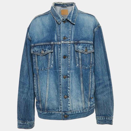 Balenciaga Blue Logo Print Ripped Collar Denim Oversized Jacket M - Balenciaga - Modalova