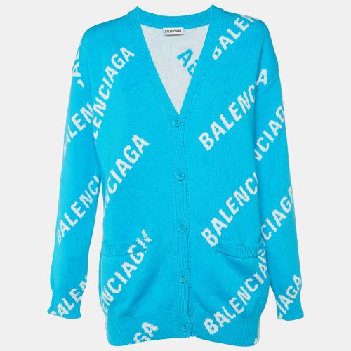 Balenciaga Blue All Over Logo Intarsia Knit Cardigan S - Balenciaga - Modalova