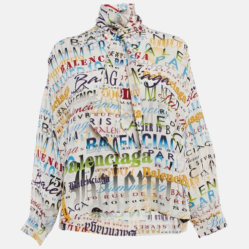 Balenciaga Multicolor Silk Logo Print Tie-Up Neck Detail Blouse S - Balenciaga - Modalova