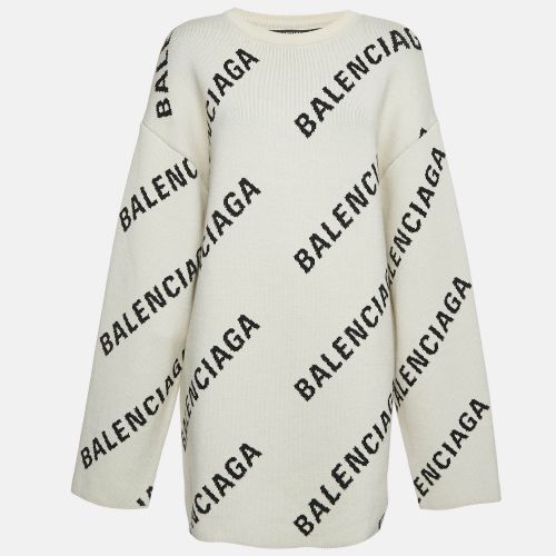 Balenciaga Off-White Monogram Jacquard Knit Crew Neck Sweater S - Balenciaga - Modalova