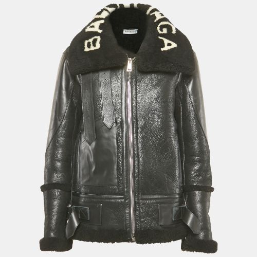 Balenciaga Black Logo Print Leather and Shearling Oversized Jacket S - Balenciaga - Modalova