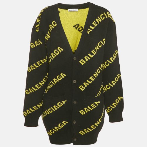 Balenciaga Black Logo Intarsia Wool Knit Long Cardigan L - Balenciaga - Modalova