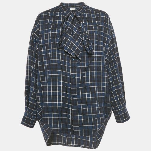 Balenciaga Navy Blue Logo Print Flannel Cotton Oversized Shirt S - Balenciaga - Modalova