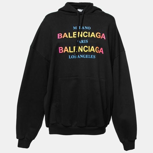 Balenciaga Black Cotton Multi-City Logo Print Hooded Sweatshirt M - Balenciaga - Modalova