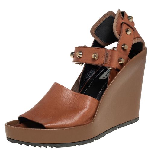 Balenciaga Brown Leather Wedge Ankle Strap Sandals Size 38.5 - Balenciaga - Modalova