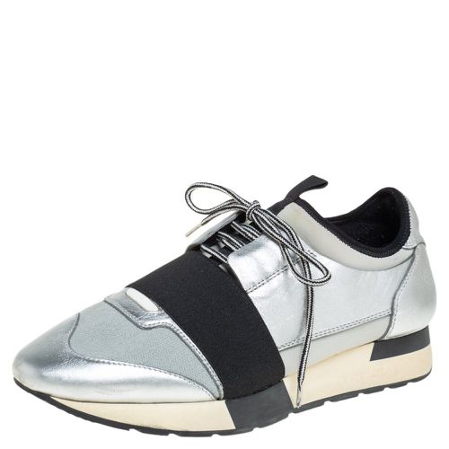 Balenciaga Silver Leather And Knit Fabric Race Runner Low Top Sneakers Size 38 - Balenciaga - Modalova