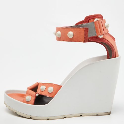 Balenciaga Orange/White Leather Studded Wedge Ankle Cuff Sandals Size 37 - Balenciaga - Modalova