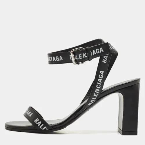 Balenciaga Black Logo Print Leather Ankle Strap Sandals Size 38 - Balenciaga - Modalova