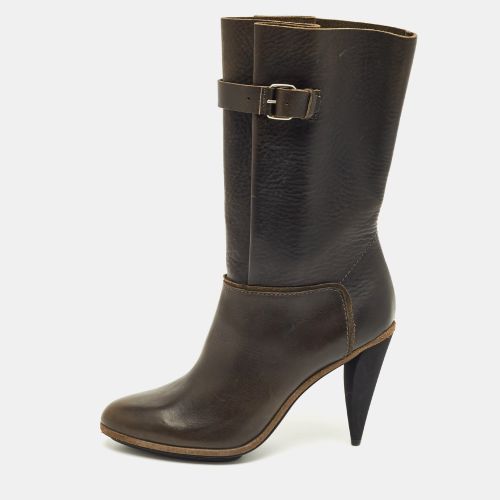 Balenciaga Dark Green Leather Buckle Details Mild Calf Length Boots Size 37.5 - Balenciaga - Modalova