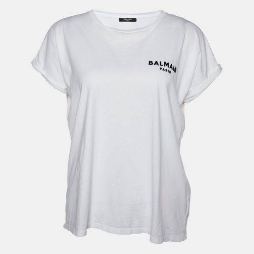 Balmain White Logo Flock Print Cotton Crew Neck T-Shirt S - Balmain - Modalova