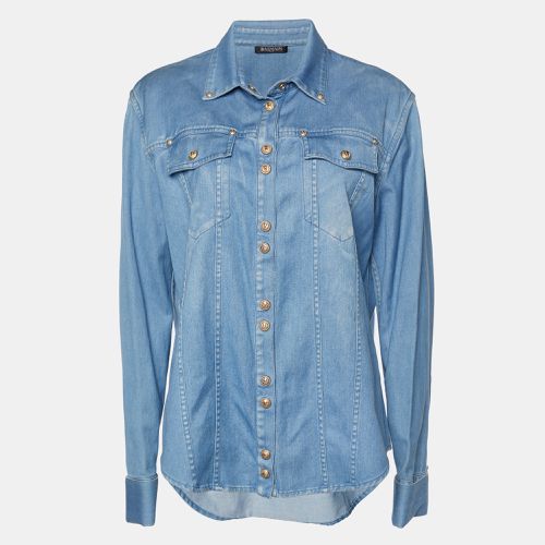 Balmain Light Blue Denim Gold Button Detail Long Sleeve Shirt L - Balmain - Modalova