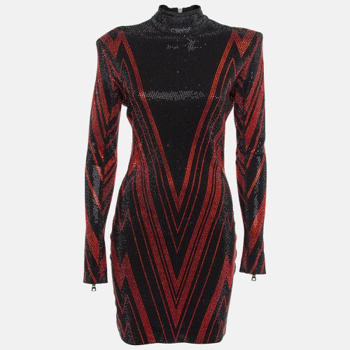 Balmain Black/Red Chevron Patterned Crystal Embellished Jersey Mini Dress M - Balmain - Modalova