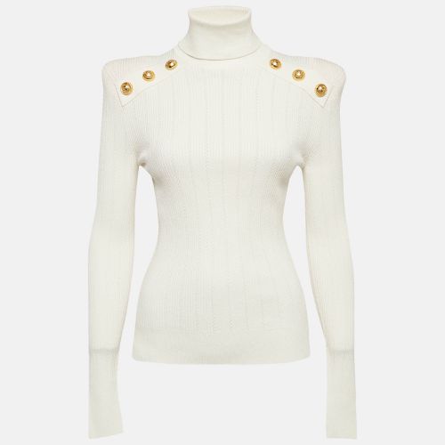 Balmain White Rib Knit Structured Shoulders Turtleneck Sweater M - Balmain - Modalova