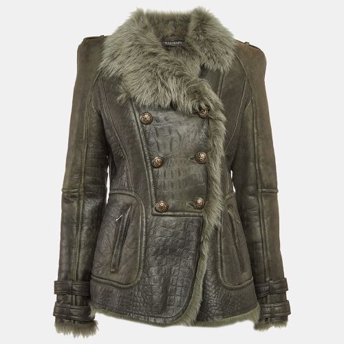 Balmain Green Genuine Leather Double Breasted Fur Collar Jacket L - Balmain - Modalova