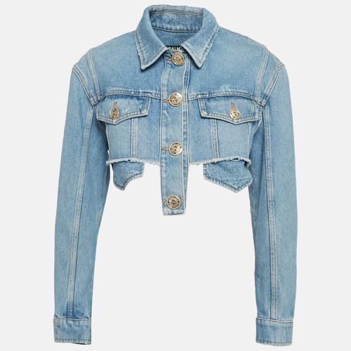 Balmain Blue Distressed Denim Raw Edge Crop Jacket S - Balmain - Modalova