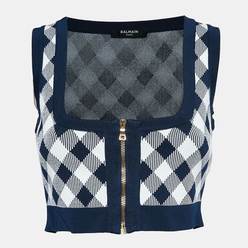 Balmain Blue/White Checked Stretch Knit Zip-Up Crop Top S - Balmain - Modalova