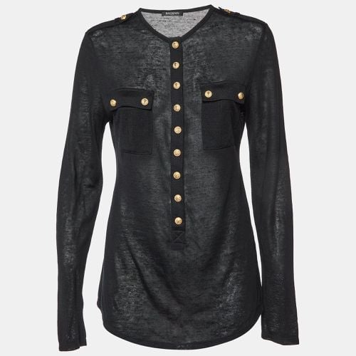 Balmain Black Linen Knit Button Detail Long Sleeve Top M - Balmain - Modalova