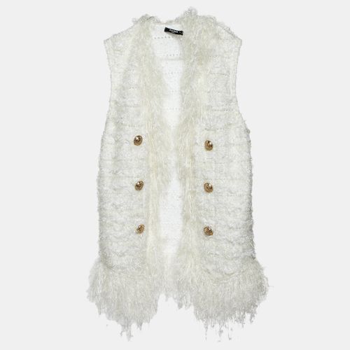 Balmain White Patterned Knit Fringed Open Front Cardigan M - Balmain - Modalova