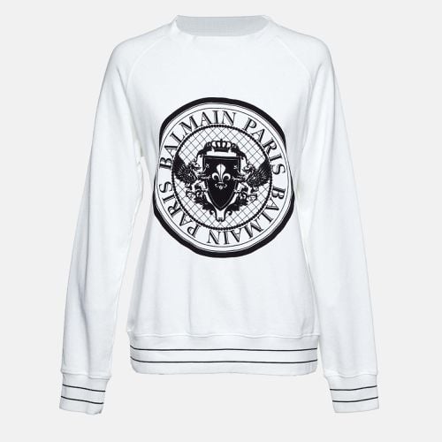 Balmain White Logo Flock Print Cotton Sweatshirt M - Balmain - Modalova