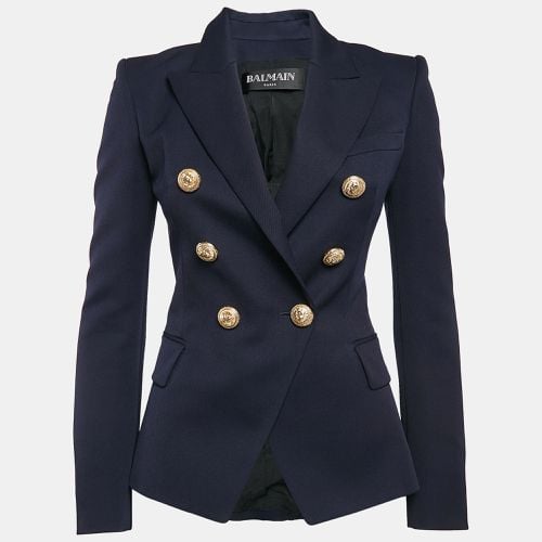 Balmain Navy Blue Gabardine Wool Double-Breasted Blazer S - Balmain - Modalova