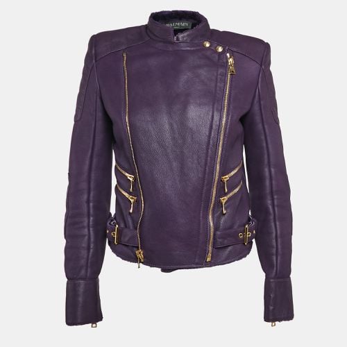 Balmain Purple Shearling Trim Leather Zipper Detail Jacket M - Balmain - Modalova