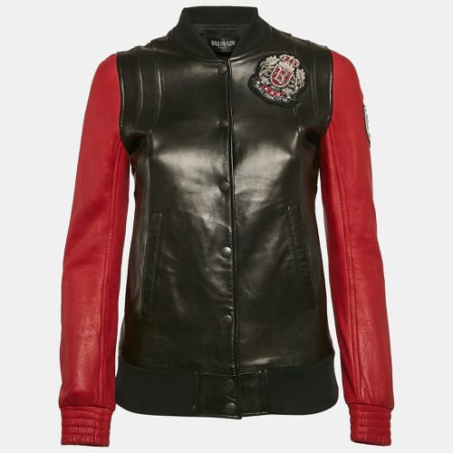 Balmain Black/Red Leather Applique Detail Bomber Jacket M - Balmain - Modalova