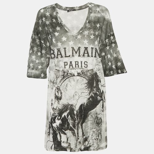 Printed Linen Jersey V-Neck T-Shirt L - Balmain - Modalova