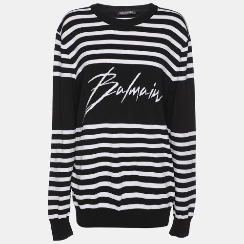 Balmain Black/White Striped Knit Fabric Crew Neck Sweater M - Balmain - Modalova