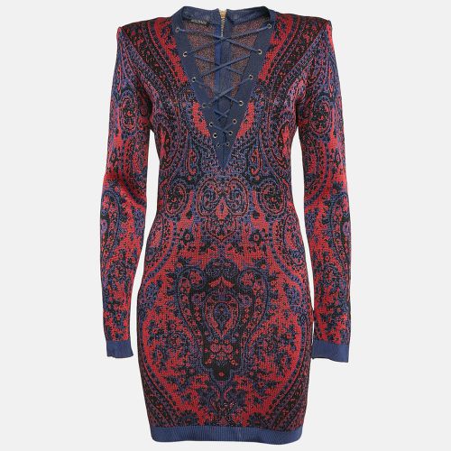 Blue Paisley Knit Lace-Up Mini Dress M - Balmain - Modalova