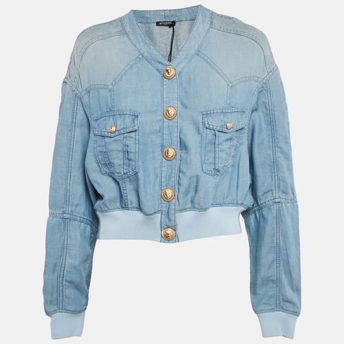 Balmain Blue Lyocell and Linen Button Detail Bomber Jacket L - Balmain - Modalova