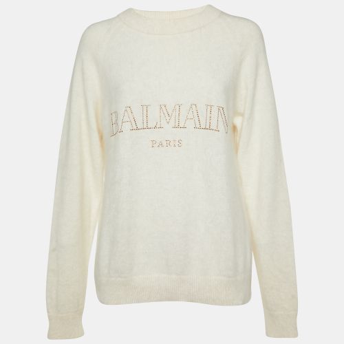 Balmain Off-White Logo Embellished Wool Pullover M - Balmain - Modalova