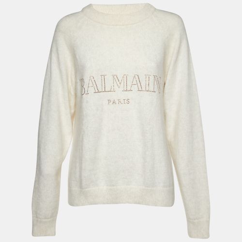 Balmain Cream Crystal Logo Embellished Wool Knit Sweater M - Balmain - Modalova