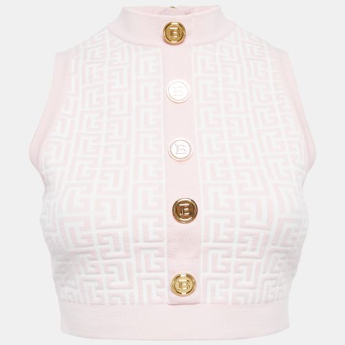 Balmain Pink Monogram Jacquard Knit Sleeveless Crop Top S - Balmain - Modalova