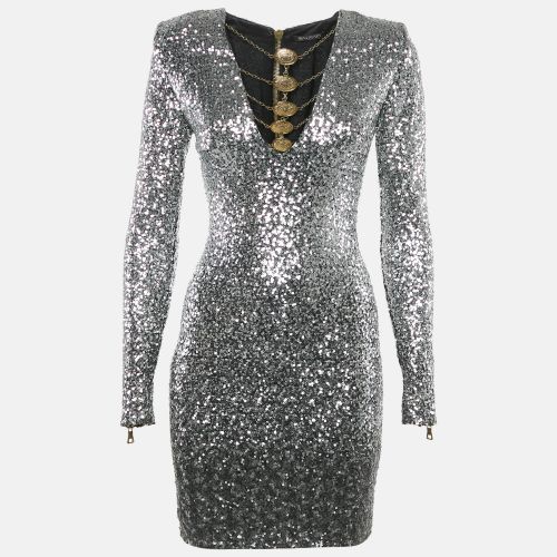 Balmain Silver Sequin Metal Detail V-Neck Mini Dress S - Balmain - Modalova