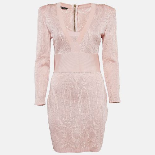 Balmain Pink Patterned Knit Full Sleeve V-Neck Mini Dress M - Balmain - Modalova