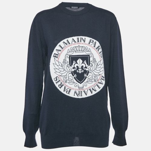 Balmain Navy Blue Intarsia Knit Crew Neck Sweater M - Balmain - Modalova
