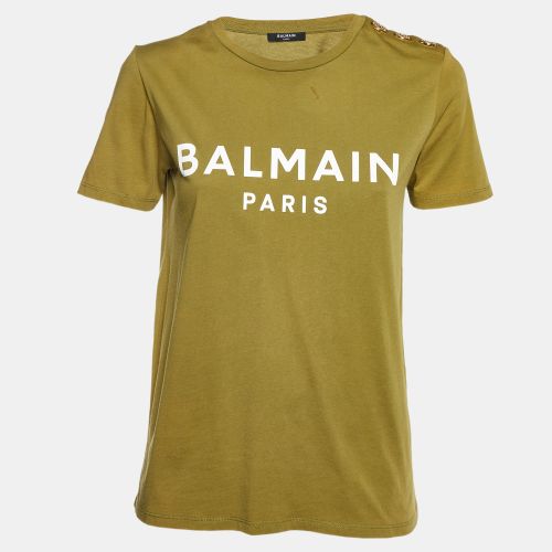 Balmain Green Logo Printed Cotton Buttons Detail Half Sleeve T-Shirt S - Balmain - Modalova