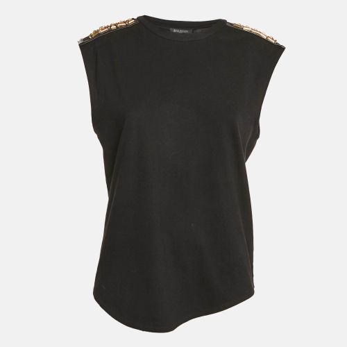 Balmain Black Leather and Brass Shoulder Embellished Jersey T-Shirt M - Balmain - Modalova