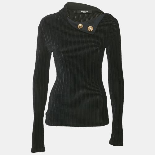 Balmain Black Velvet Rib Knit Pullover S - Balmain - Modalova