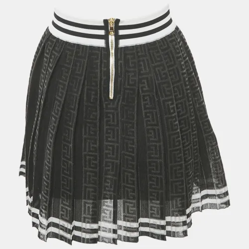 Monogram Mesh Pleated Mini Skirt S - Balmain - Modalova