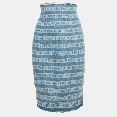 Balmain Blue Striped Logo Raw Edge Denim Skirt S Waist 26" - Balmain - Modalova